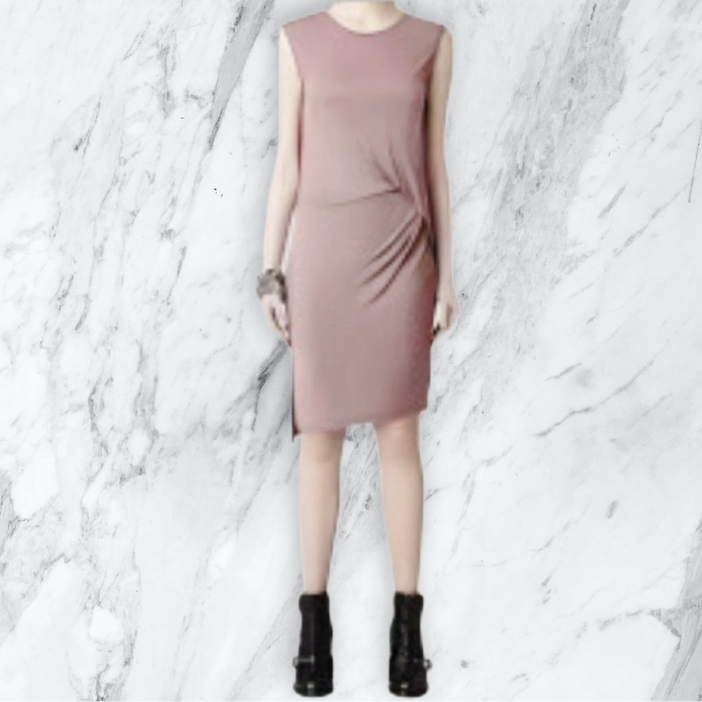 ALL SAINTS 🖤 NWOT Tan Asymmetrical Sleeveless Ruched Stretch Midi Dress w/ Slit